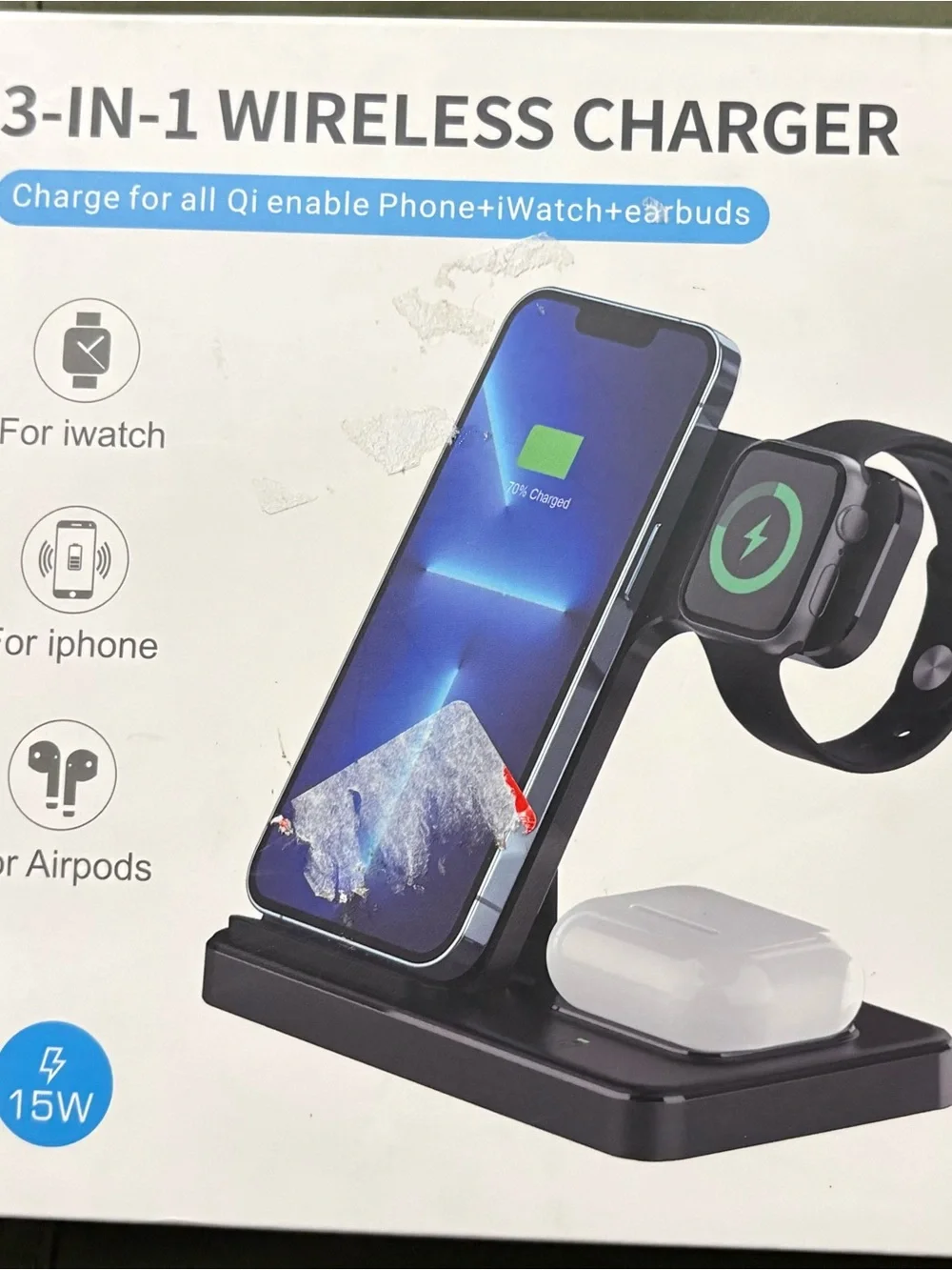 3-in-1 Wireless Charging Stand for Phone, Smartwatch & Earbuds - Black